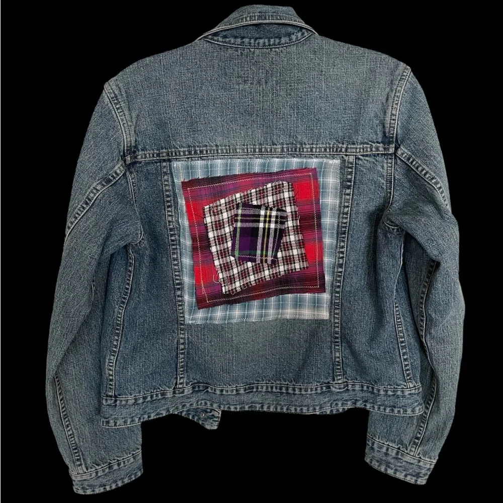 Erika Kelly Apparel UPcycled Denim Jacket Plaid Patchwork Sun & Moon vintage Y2K - Picture 1 of 4